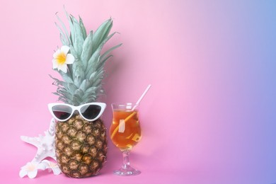 Funny pineapple with cocktail, plumeria flowers and starfish on color background, space for text. Summer party