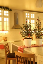 Small Christmas trees and festive decor in kitchen