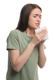Woman sneezing on white background. Cold symptoms