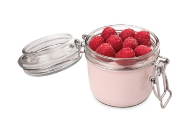 Photo of Jar of tasty yogurt with raspberries isolated on white