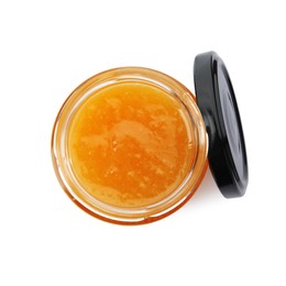Delicious orange marmalade in jar on white background, top view