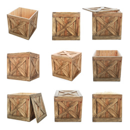 Set of old wooden crates on white background