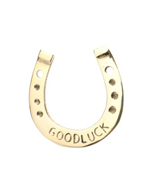 Golden horseshoe with phrase GOOD LUCK isolated on white. St. Patrick's Day celebration