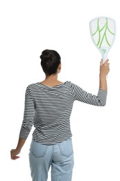 Photo of Young woman with electric fly swatter on white background, back view. Insect killer