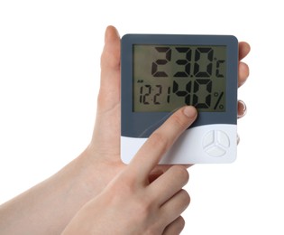 Woman using hygrometer on white background, closeup. Atmospheric humidity