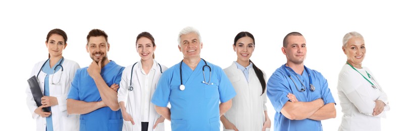 Collage with photos of doctors on white background. Banner design