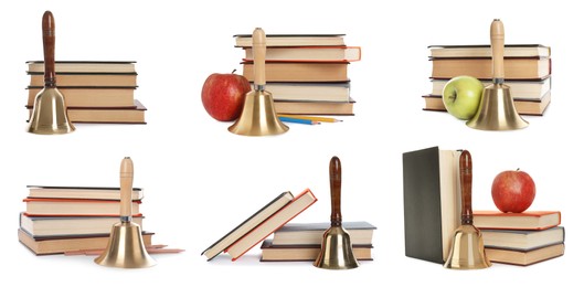 Set with school bells and books on white background. Banner design