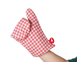 Chef in oven glove on white background, closeup