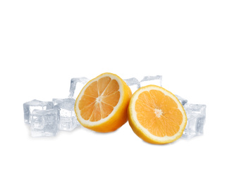 Ice cubes and lemons on white background