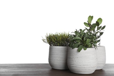 Photo of Pots with thyme, bay and sage on wooden table against white background