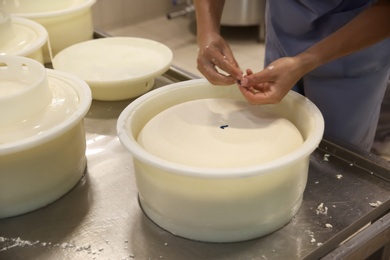 Photo of Worker decorating fresh cheese at modern factory, closeup