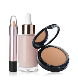 Set with different decorative cosmetics on white background. Luxurious makeup products 