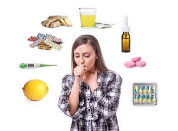 SIck woman surrounded by different drugs and products for illness treatment on white background
