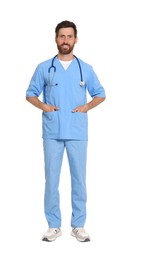 Full length portrait of doctor in scrubs on white background