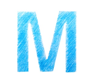 Photo of Letter M written with blue pencil on white background, top view