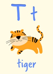Learning English alphabet. Card with letter T and tiger, illustration