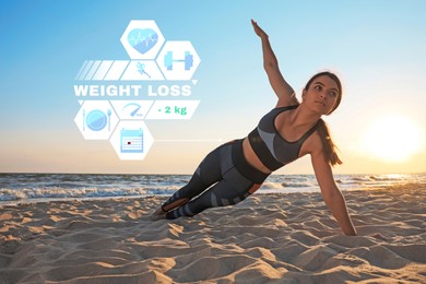 Weight loss concept.Young girl with slim body doing yoga on beach