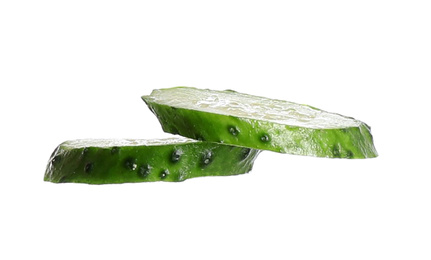 Juicy cucumber slices isolated on white. Sandwich ingredient