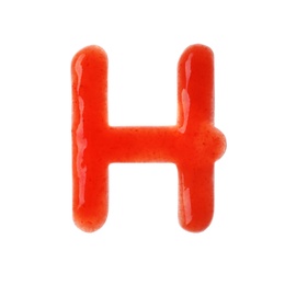 Photo of Letter H written with red sauce on white background