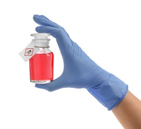 Medical worker holding bottle with poison on white background, closeup