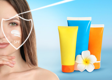 Image of SPF shield and beautiful young woman with healthy skin on light blue background, closeup. Sun protection cosmetic product