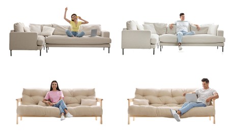 People resting on different stylish sofas against white background, collage
