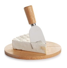 Delicious Brie cheese and knife on white background