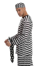 Prisoner in striped uniform with chained hands on white background