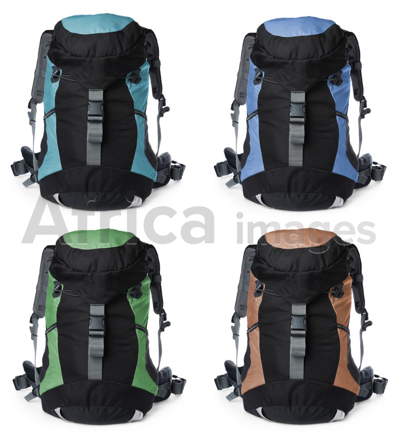 Different hiking backpacks on white background, collage 