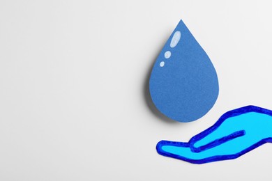 Save Water concept. Paper hand and drop on white background, flat lay with space for text