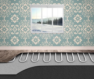 Cold season comfort. Room with installed underfloor heating system, illustration