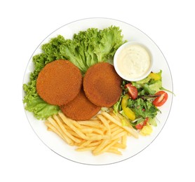 Plate of delicious fried breaded cutlets with garnish isolated on white, top view