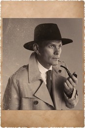 Old picture of handsome man with smoking pipe. Portrait for family tree