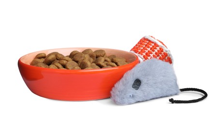 Feeding bowl and toys for pet on white background
