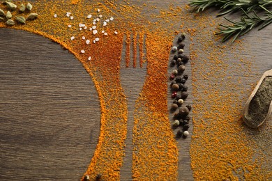 Photo of Silhouettes of cutlery and plate made with spices and ingredients on wooden table, flat lay