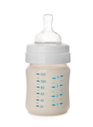Feeding bottle with infant formula on white background. Baby milk