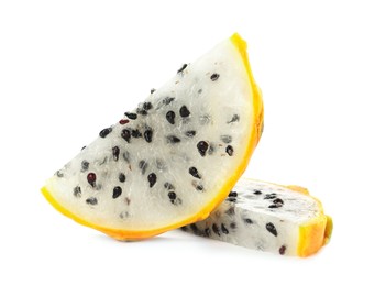 Photo of Slices of delicious yellow pitahaya fruit on white background