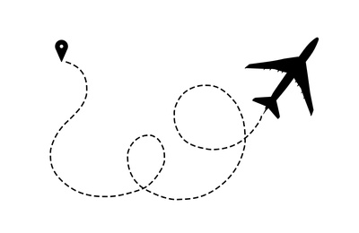 Flight direction illustration. Plane silhouette and pin connected by dashed line on white background