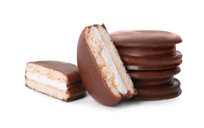 Delicious choco pies on white background. Classic snack cakes