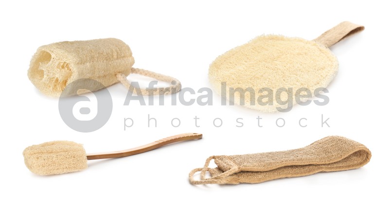 Set with natural shower loofah sponges and brush on white background