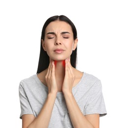 Image of Young woman doing thyroid self examination on white background