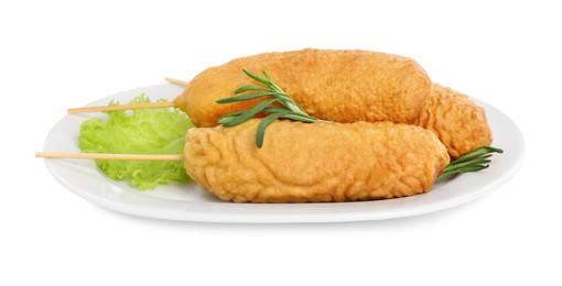 Delicious deep fried corn dogs with lettuce and rosemary on white background