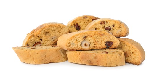 Slices of tasty cantucci with berry and pistachio on white background. Traditional Italian almond biscuits