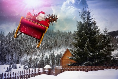 Image of Magic Christmas eve. Santa with reindeers flying in sky 