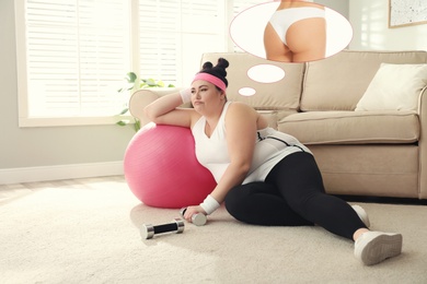 Overweight woman dreaming about slim body while having break in training. Weight loss concept