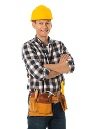Handsome carpenter with tool belt isolated on white