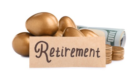 Many golden eggs, money and card with word Retirement on white background. Pension concept