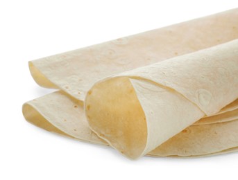 Photo of Delicious rolled Armenian lavash on white background, closeup