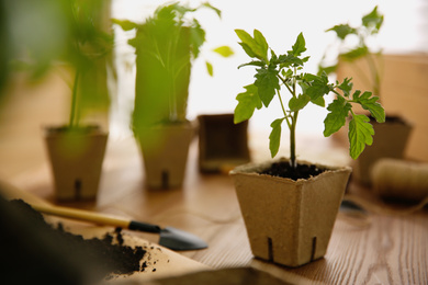 Photo of Soil, gardening trowel and green tomato seedling in peat pot on wooden table