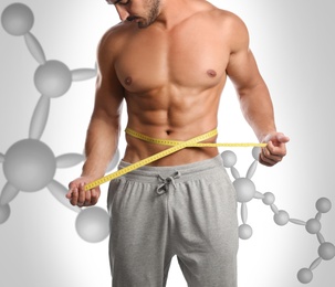 Image of Metabolism concept. Man with slim body on light background